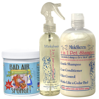 Kanine Kit products: Bad Air Sponge, MinkSheen 3-in-1 Pet Conditioner, and MinkSheen Pet Shampoo